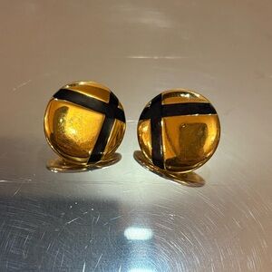 Vintage Napier Brand Black Enamel and Gold tone Round domed Clip-on Earrings